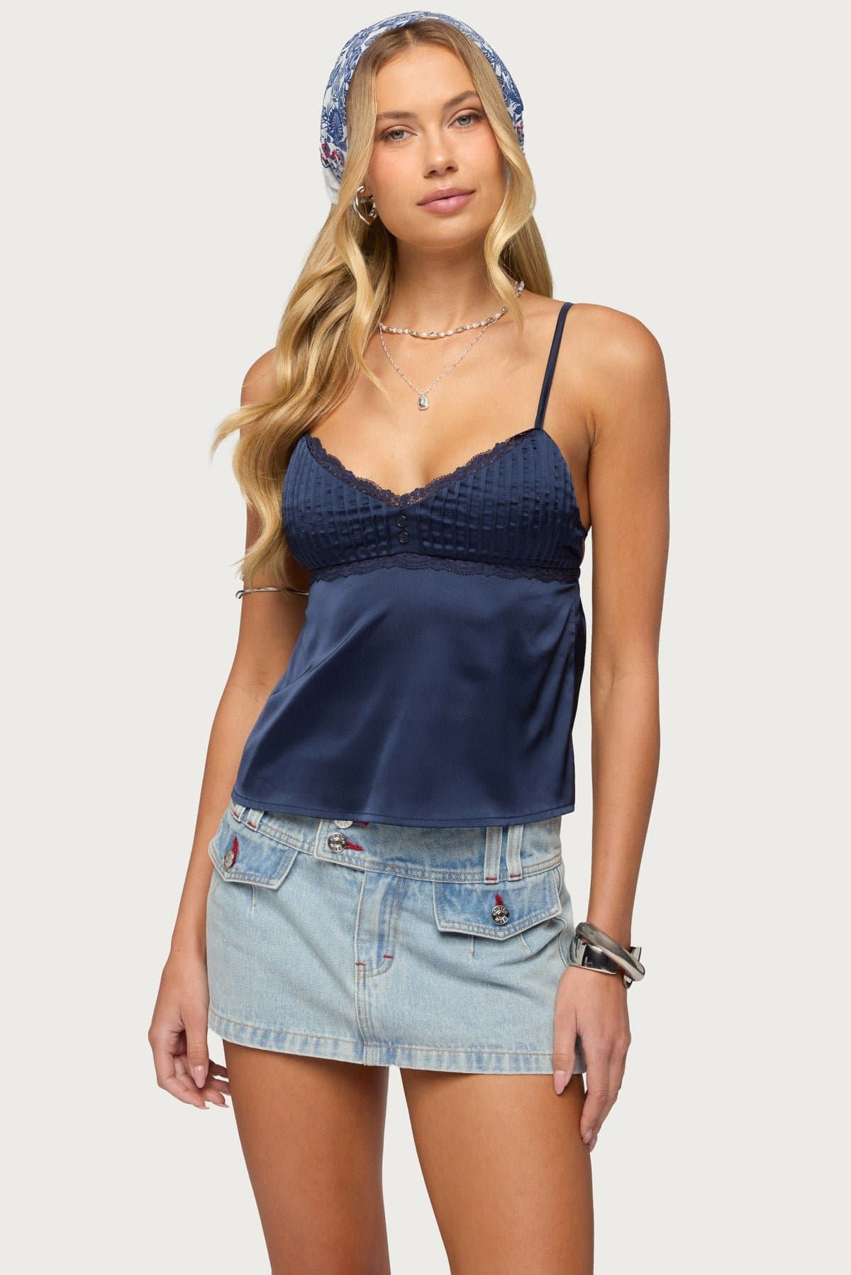 Blanca Satin Effect Lace Trim Tank Top with Adjustable Straps