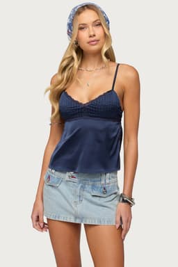Blanca Satin Effect Lace Trim Tank Top with Adjustable Straps