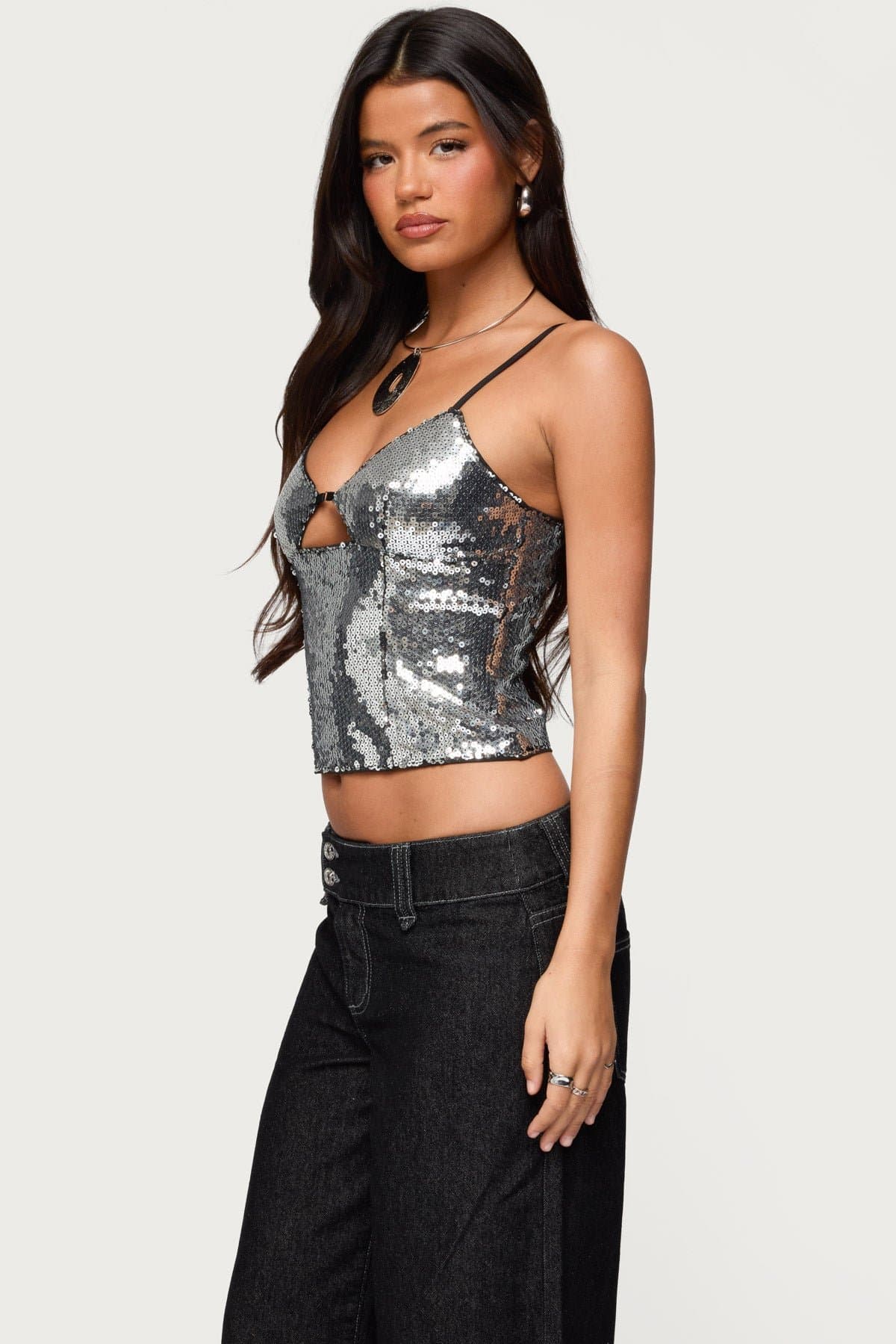 Rokko Cut Out Sequin Top - Adjustable Straps, Polyester Spandex