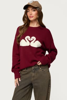 Swan Oversized Knit Sweater - Acrylic Knit Fabric with Graphic Print
