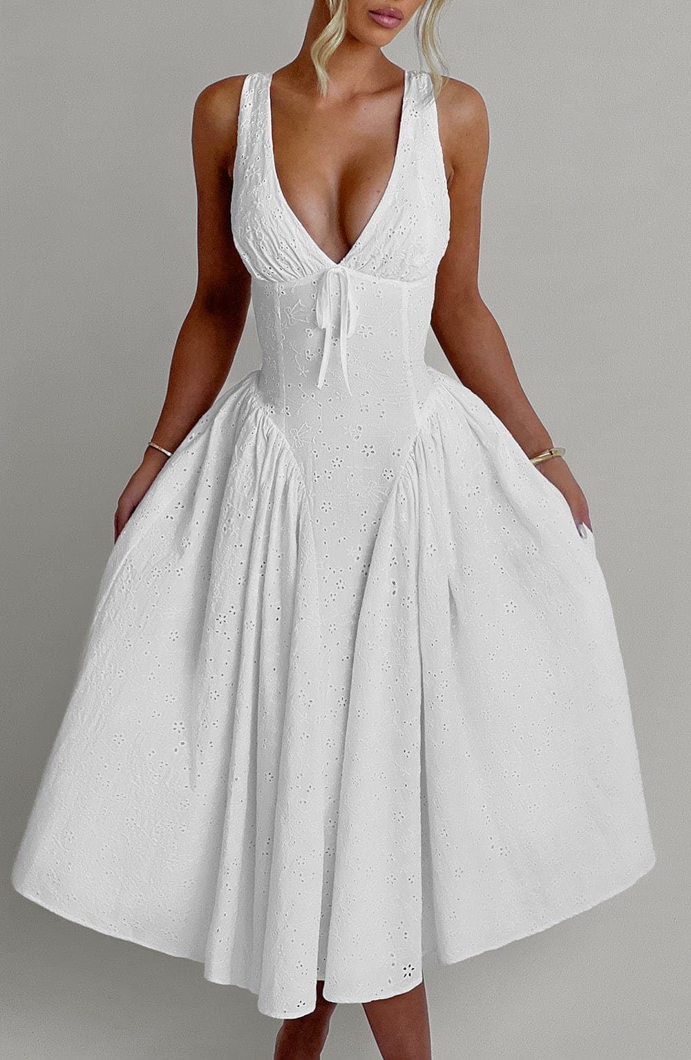 Monroe Midi Dress in Ivory with Broderie Anglaise, Plunge Neckline, Lace-Up Back