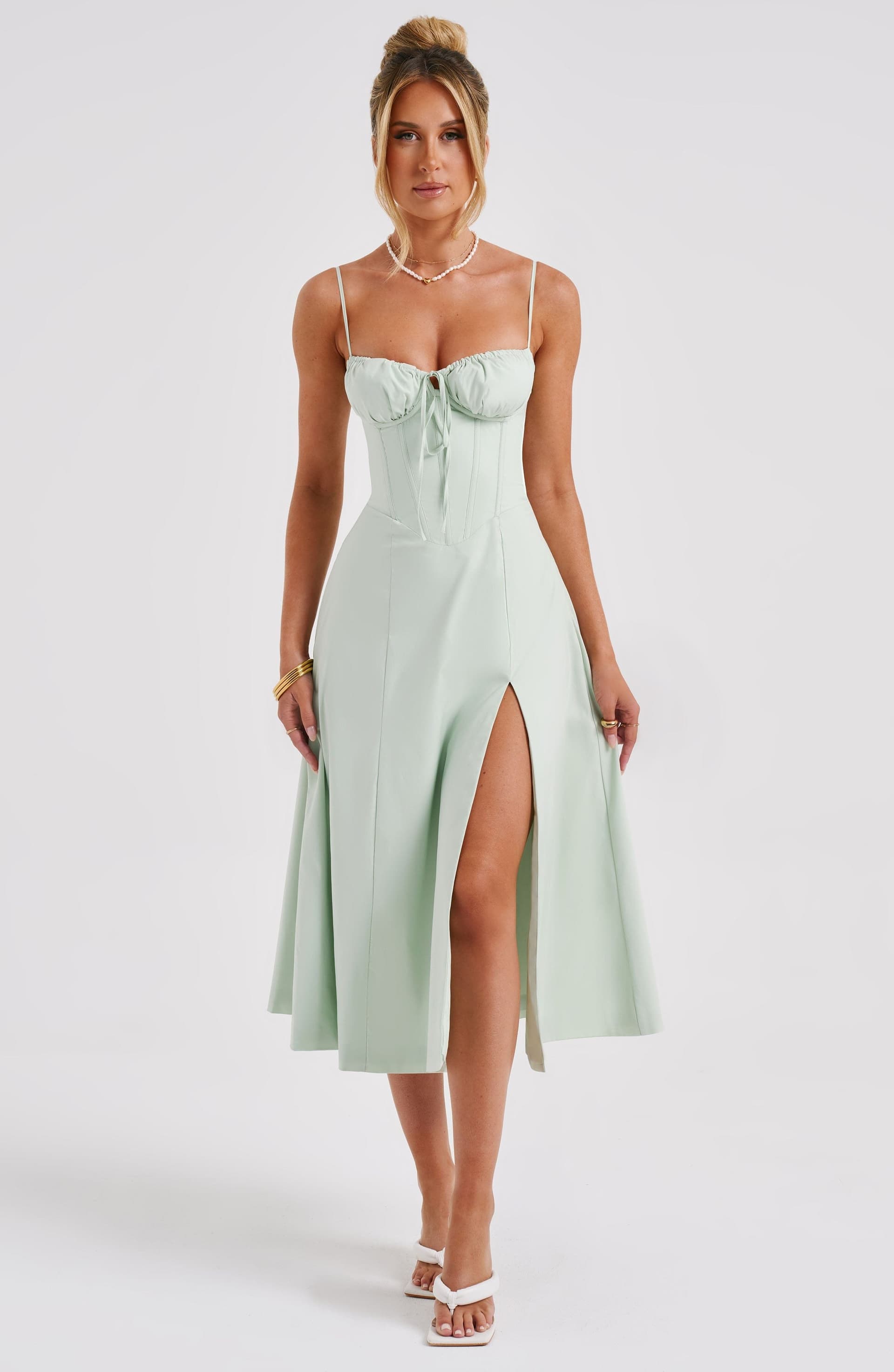 Deanna Midi Dress - Sage Green Cotton Blend with Corset Bodice and Thigh Split