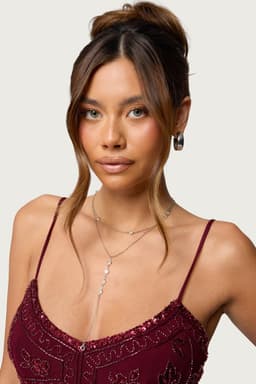 Stone Layered Cascading Necklace - Silver Tone Metal 15.7 Inch Length