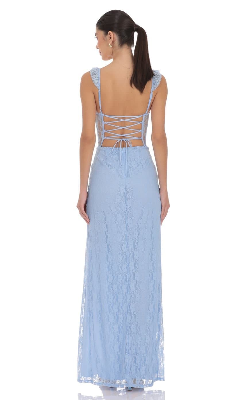 Lace Ruffle Strap Maxi Dress in Light Blue