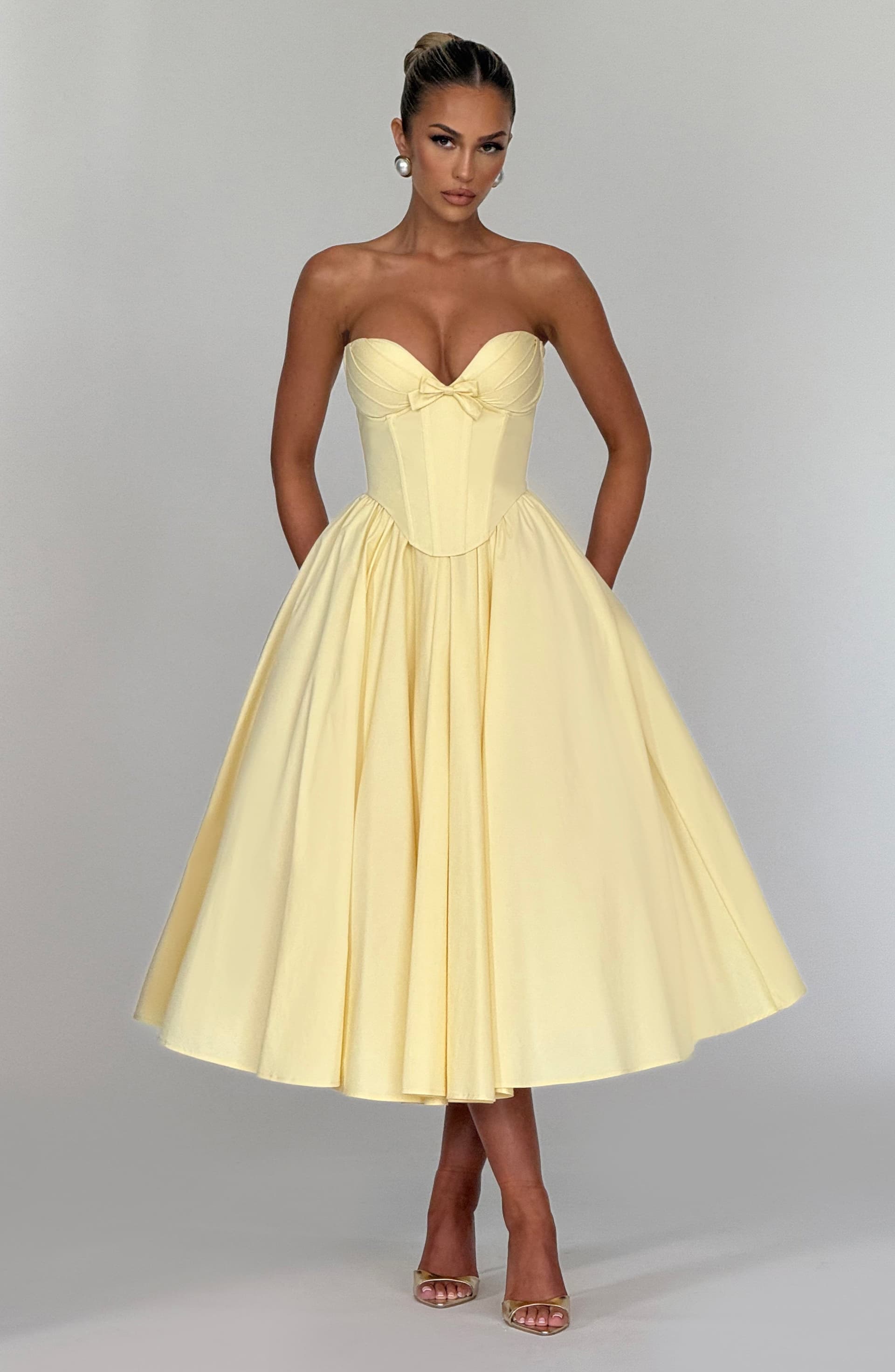 Prim Midi Dress Lemon Strapless Plunge Neckline Cotton Nylon