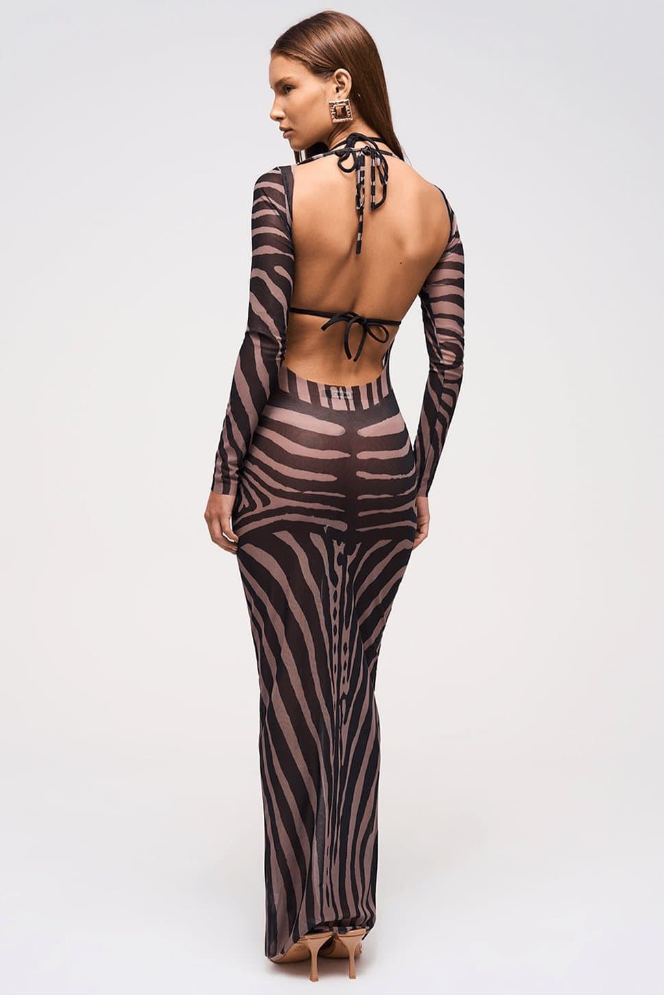 Mesh Maxi Dress Curve Illusion Zebra Print Full Sleeve Maxi Length