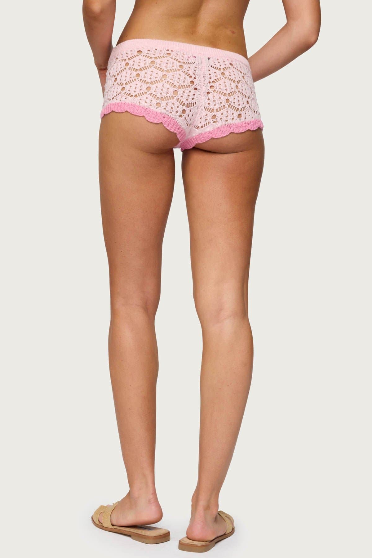 Elisa Open Knit Shorts - Low Rise Waist, Scalloped Hem, 100% Cotton