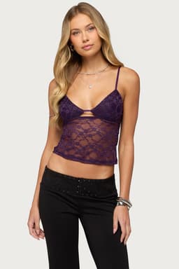 Sheer Lace Cutout Tank Top with Adjustable Straps - Nylon Spandex