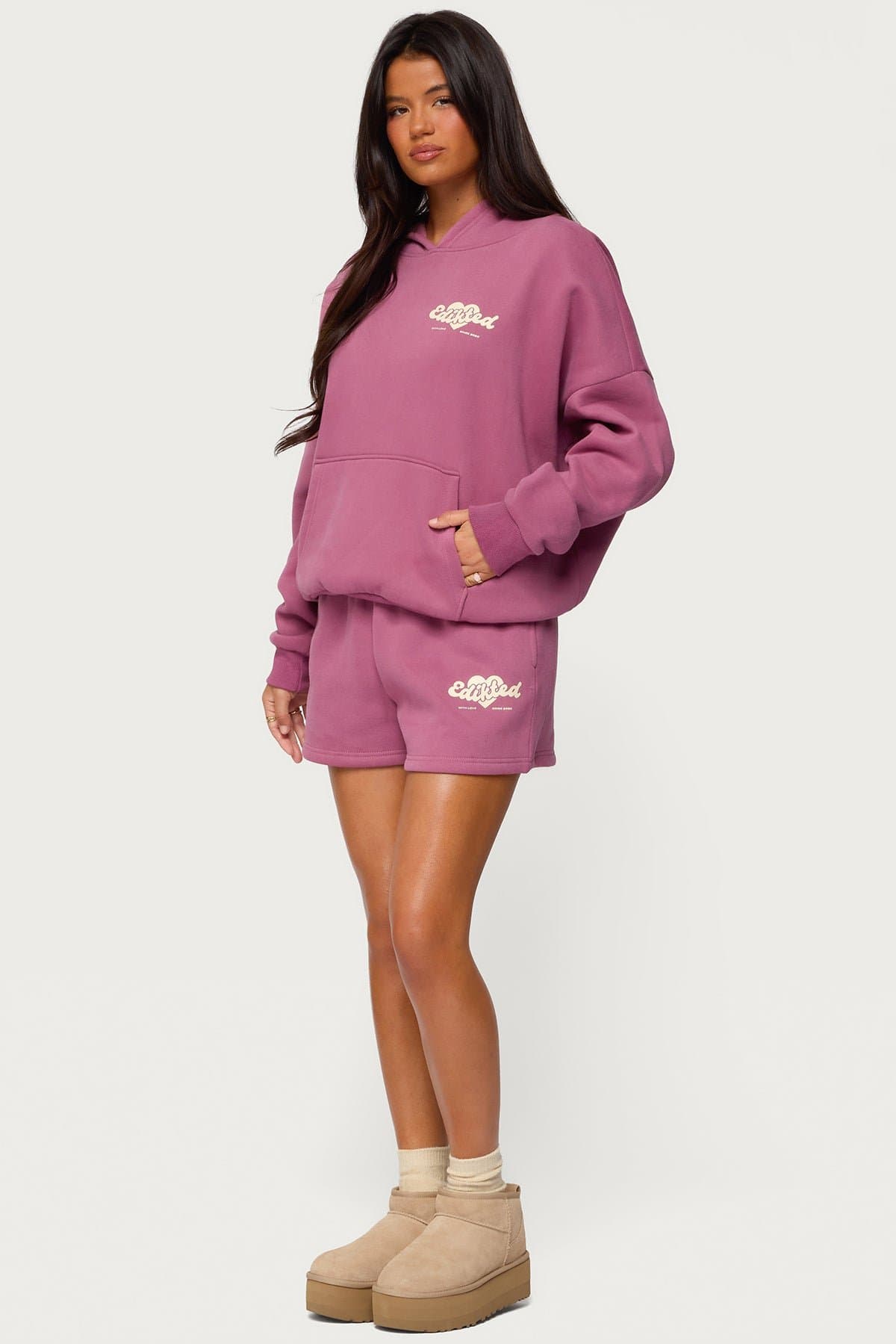 We're Edikted Hoodie with Heart Graphic Print Polyester Cotton Blend