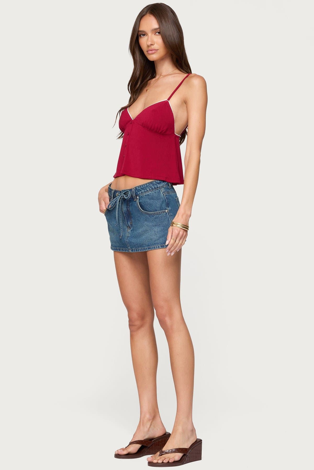 Kellyn Button Contrast Babydoll Tank Top with Adjustable Straps