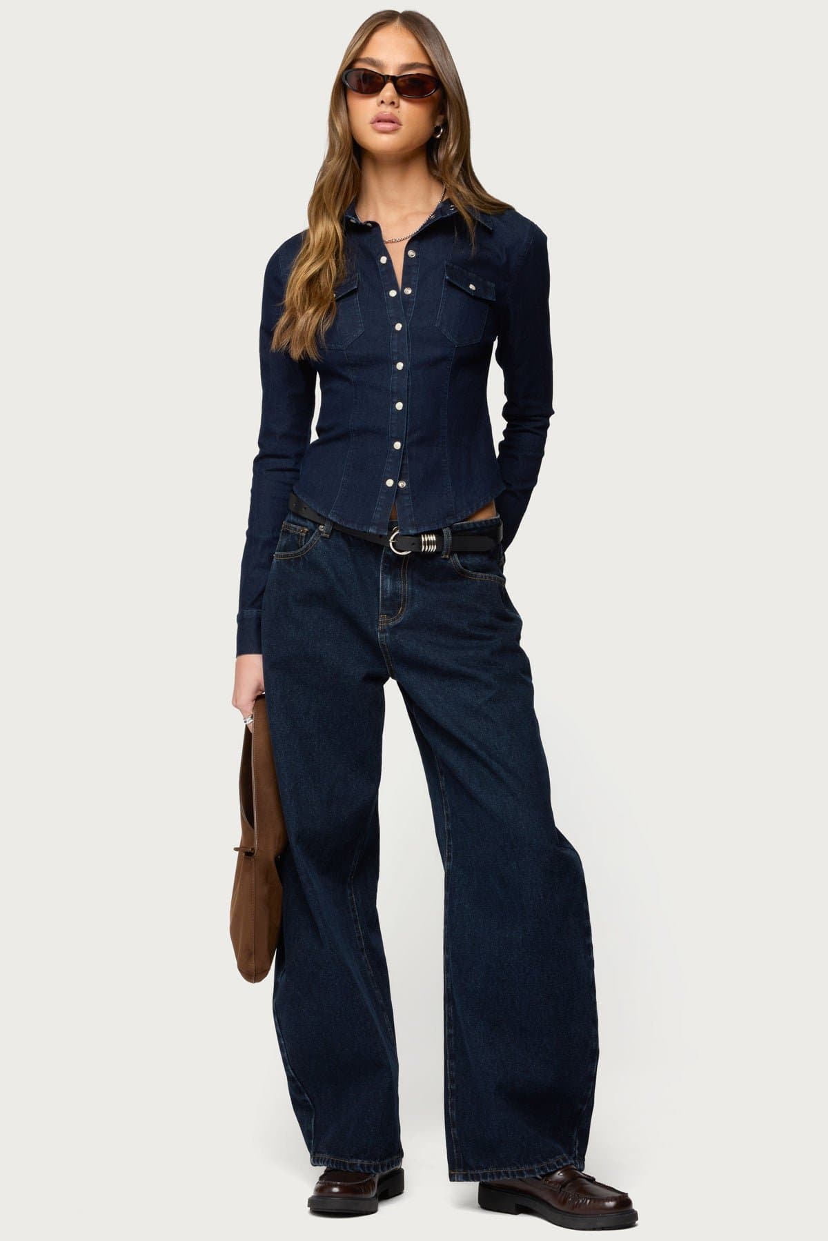 Shylo Stretchy Denim Button Up Shirt Long Sleeve Fitted Cotton Polyester Spandex