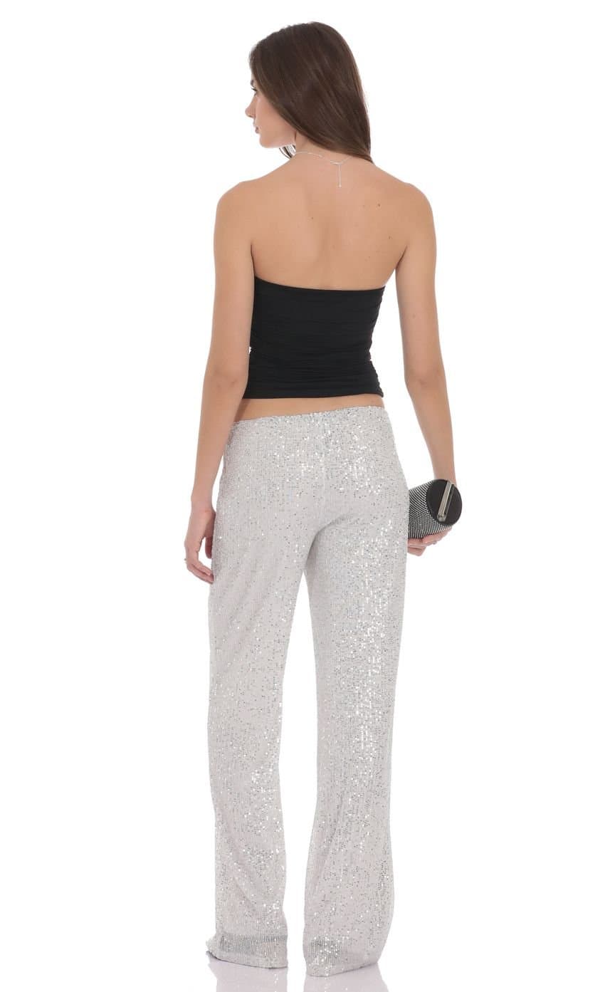 Straight Sequin Pants in Silver