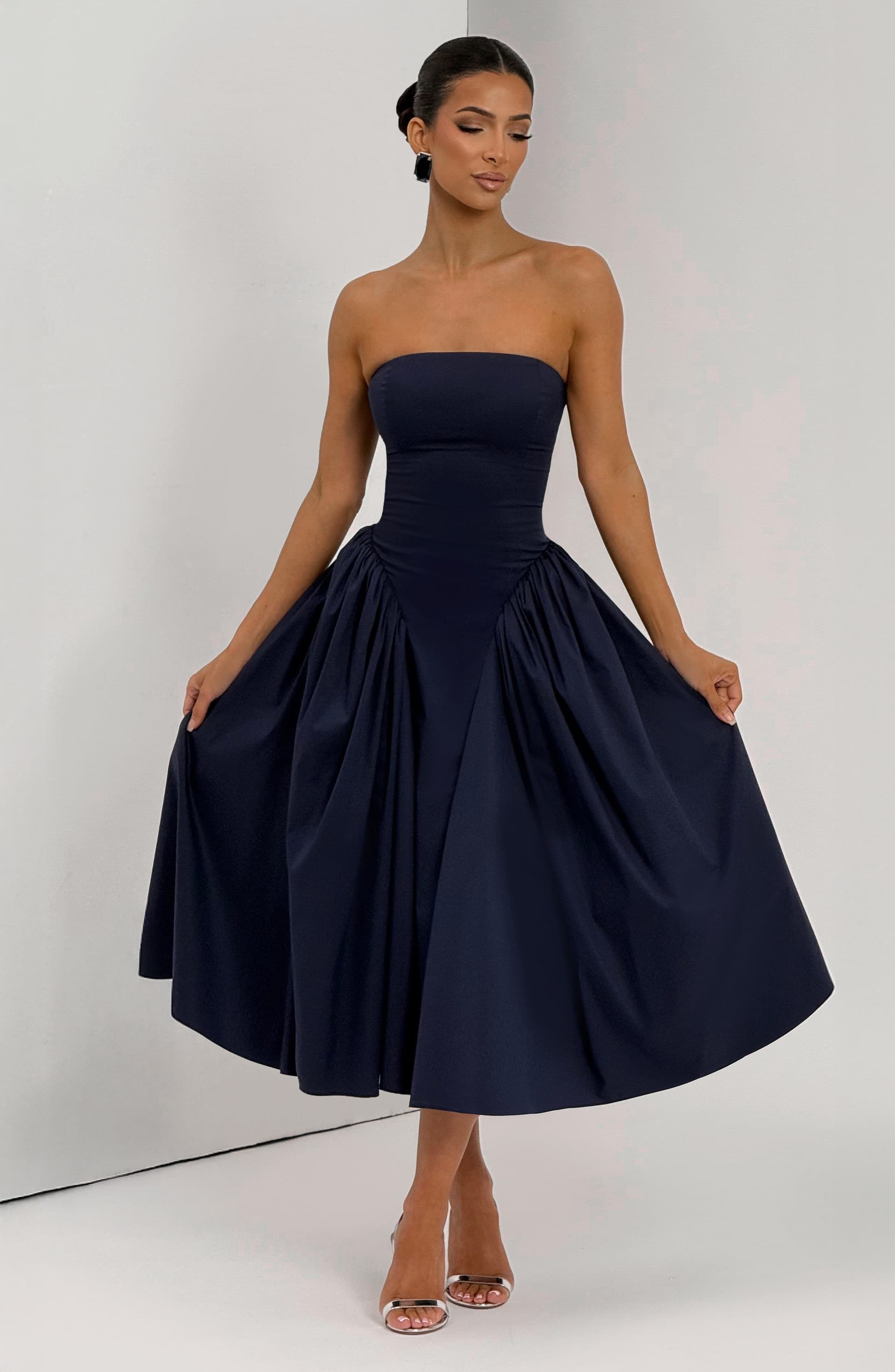 Darla Midi Dress - Navy Strapless Boned Bodice Full Skirt