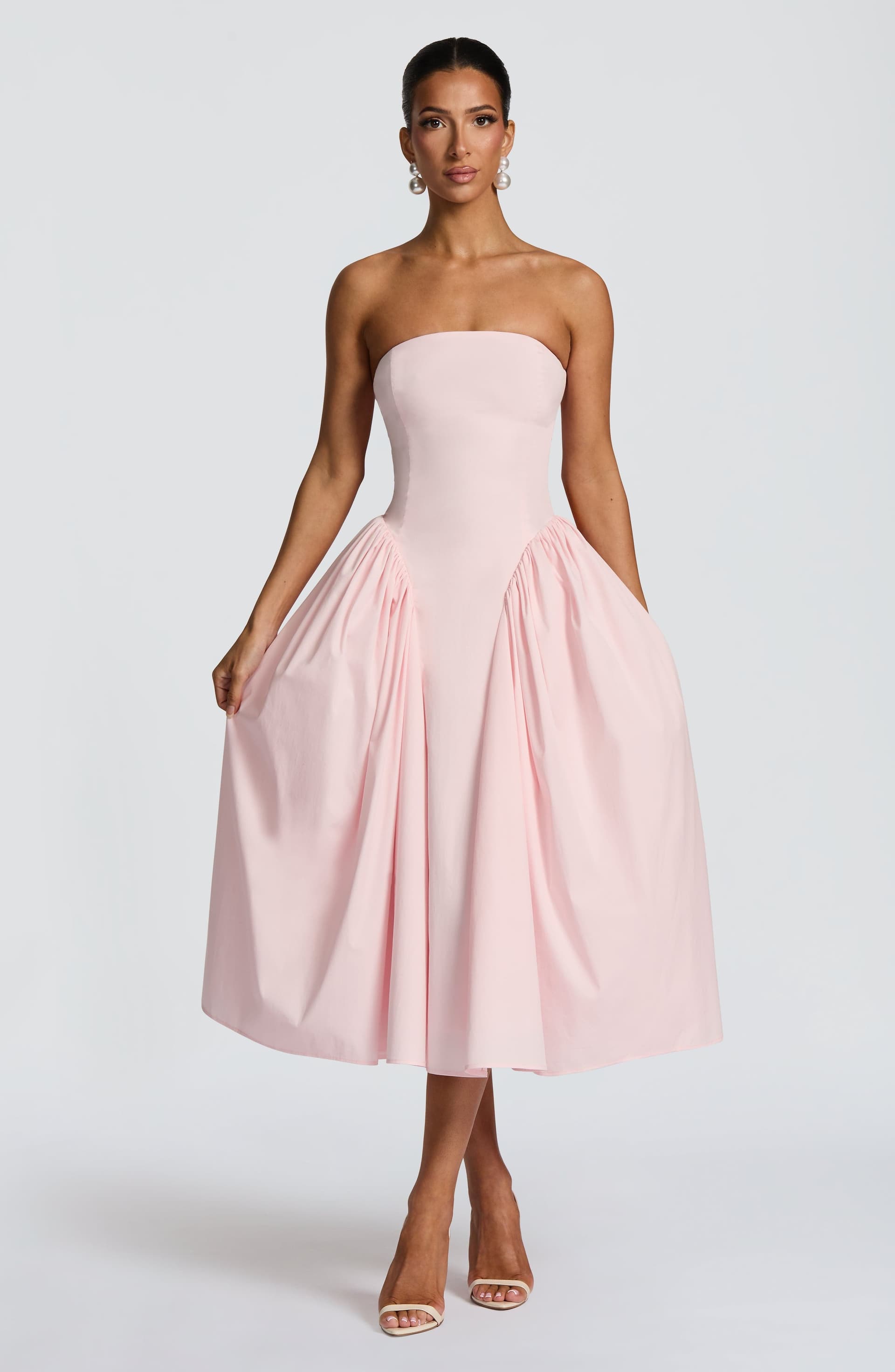 Darla Midi Dress - Blush Strapless Cotton Nylon Elastane Poplin