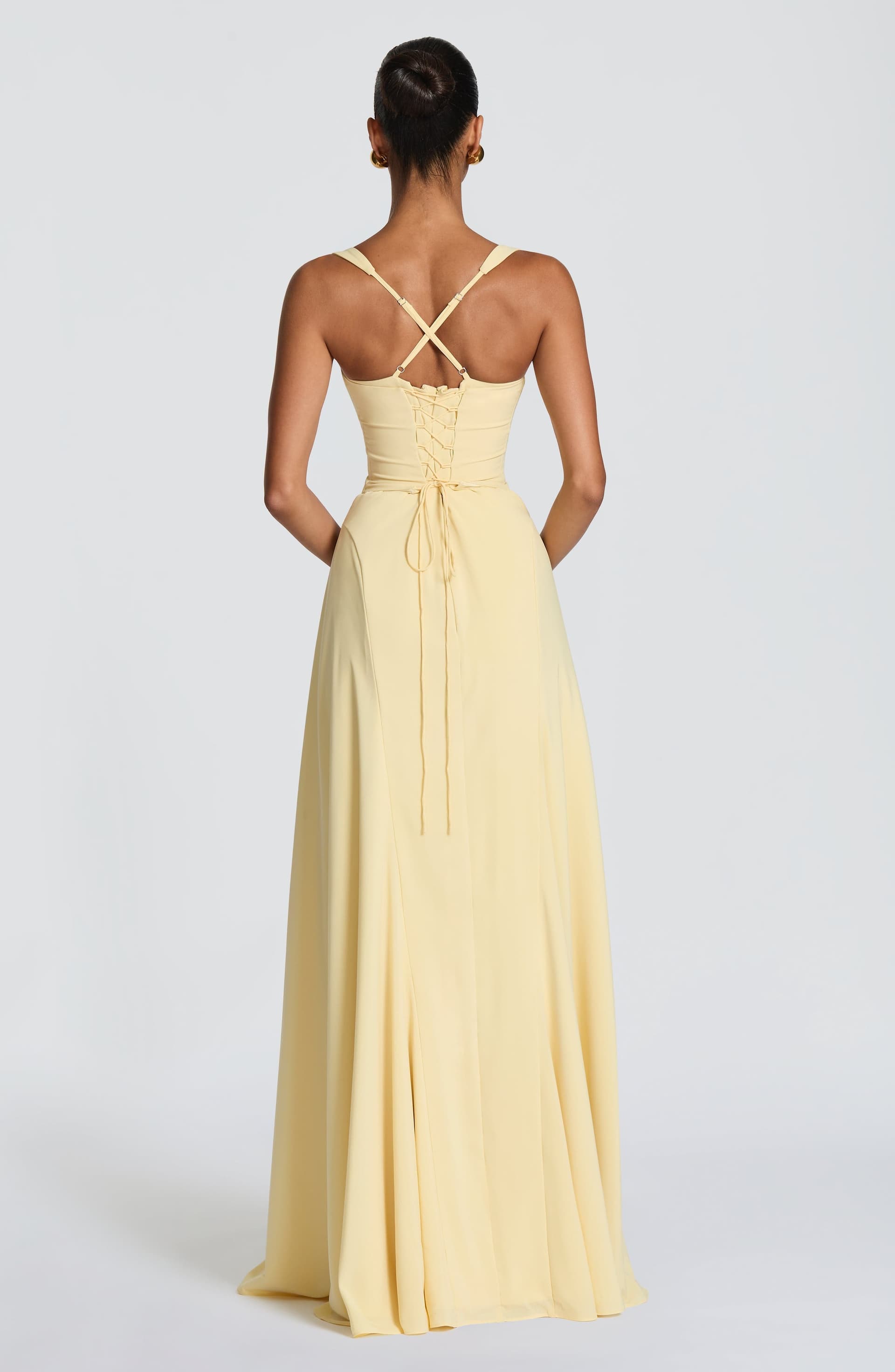 Irie Lemon Maxi Dress Chiffon Sweetheart Neckline Lace-Up Back