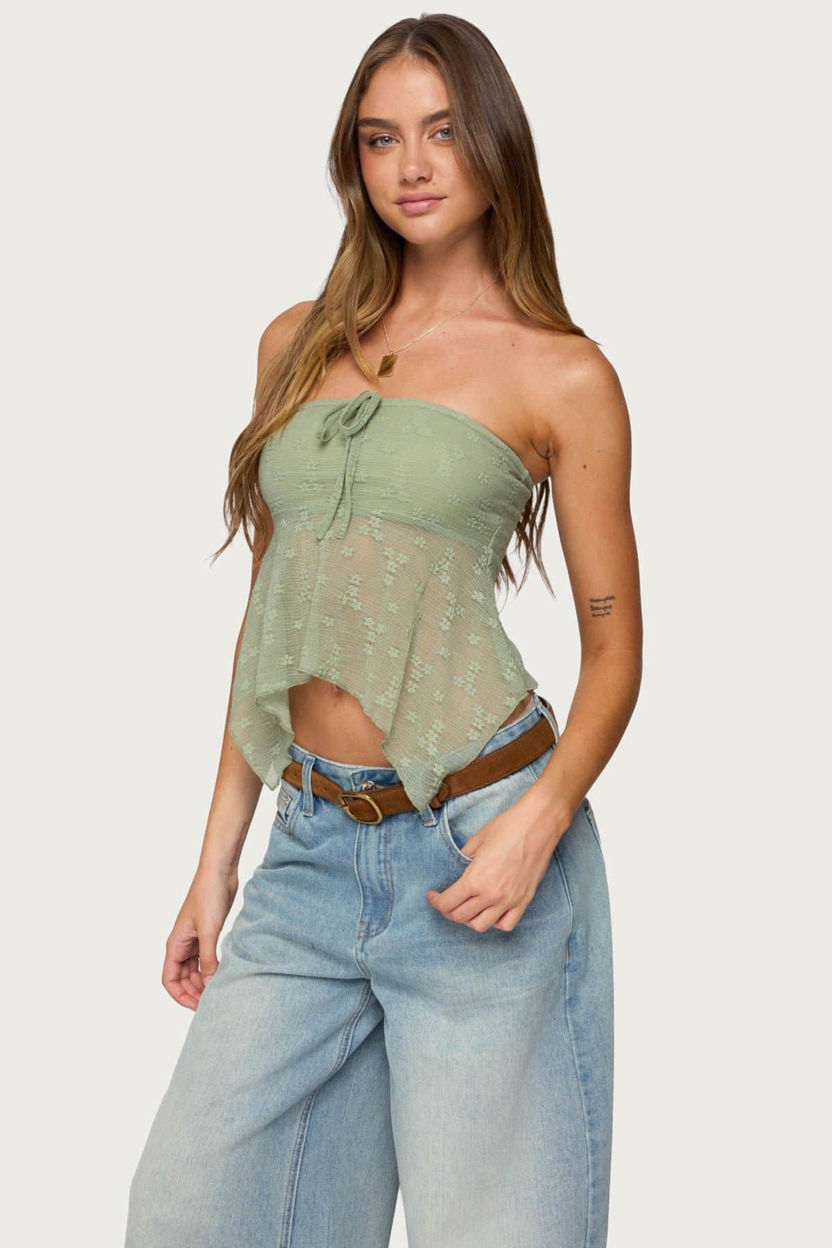 Embroidered Sheer Strapless Top with Asymmetric Hem and Front Tie
