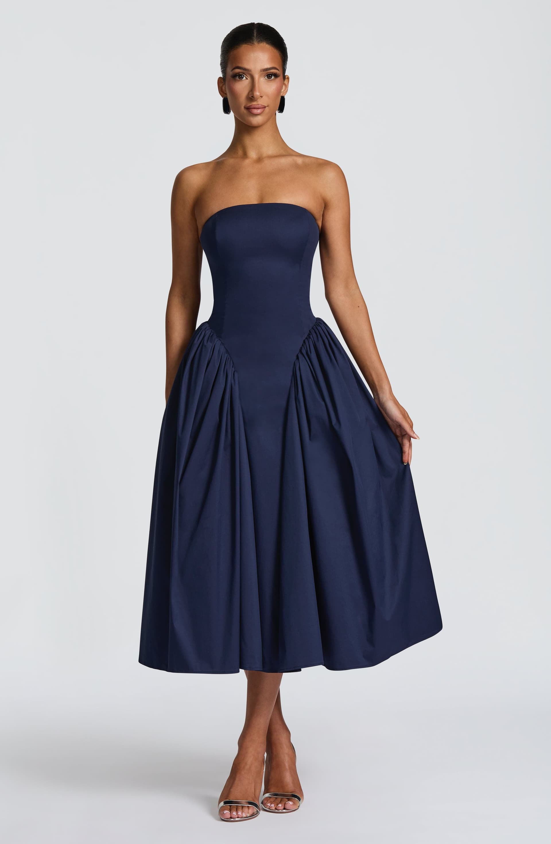 Darla Midi Dress - Navy Strapless Boned Bodice Full Skirt