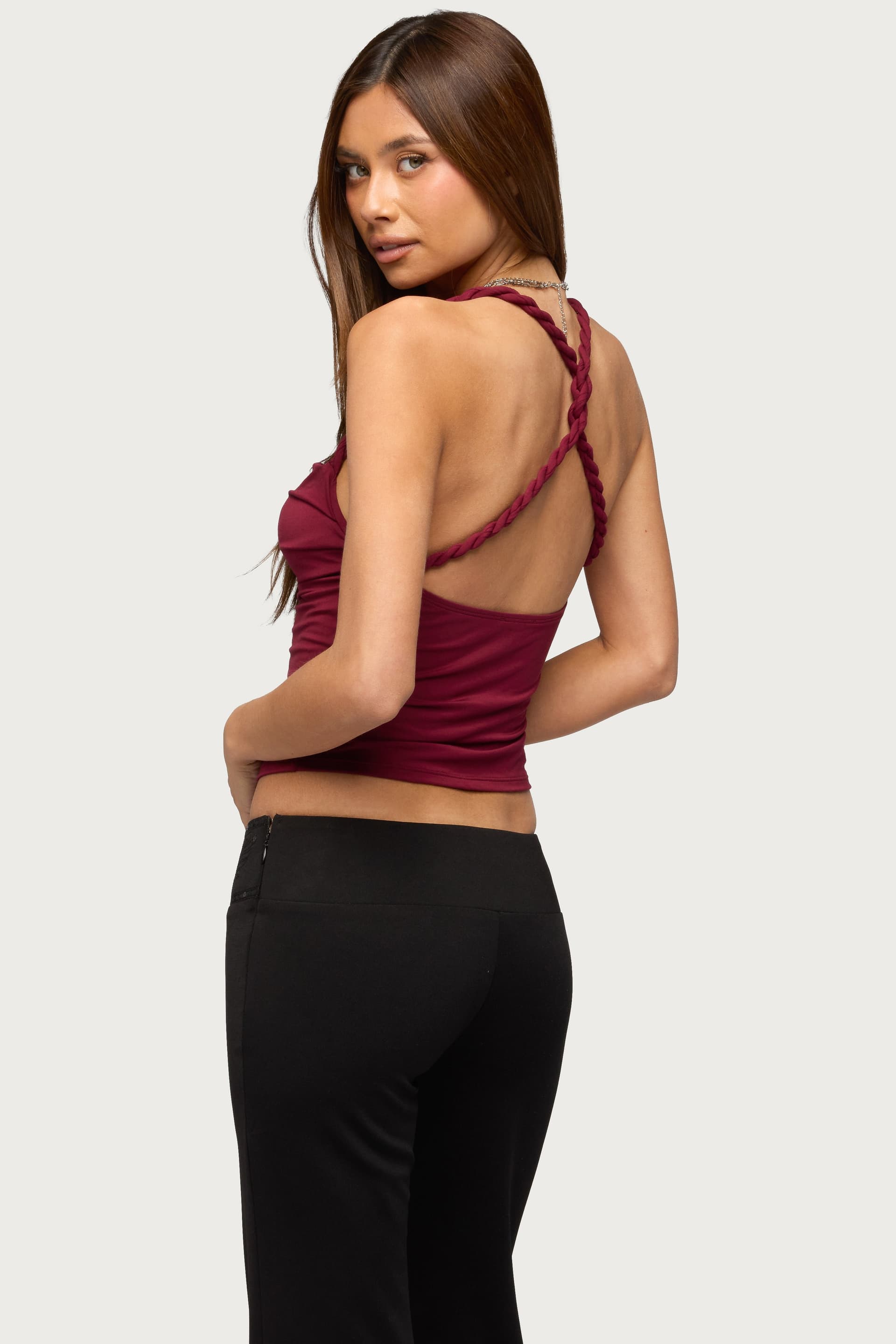 Cailinne Braided Twist Top - Rayon Spandex Women's Blouse with Braided Straps