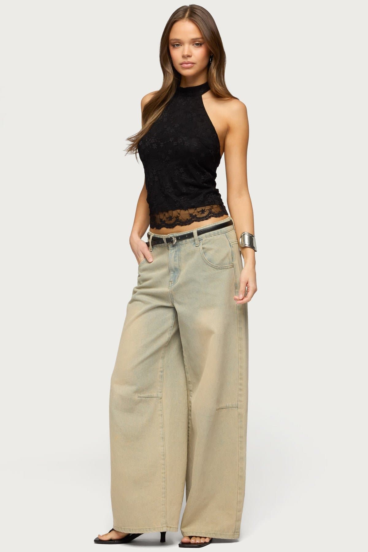 Perrie Lace High Neck Halter Top - Nylon Spandex Sheer Scalloped Hem