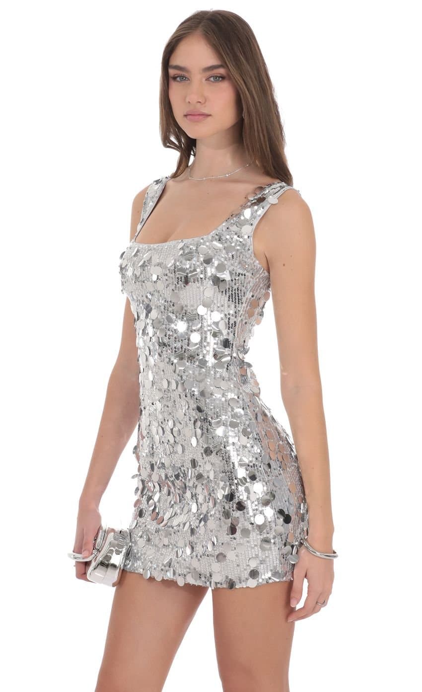 Circle Sequin Square Neck Dress in Silver