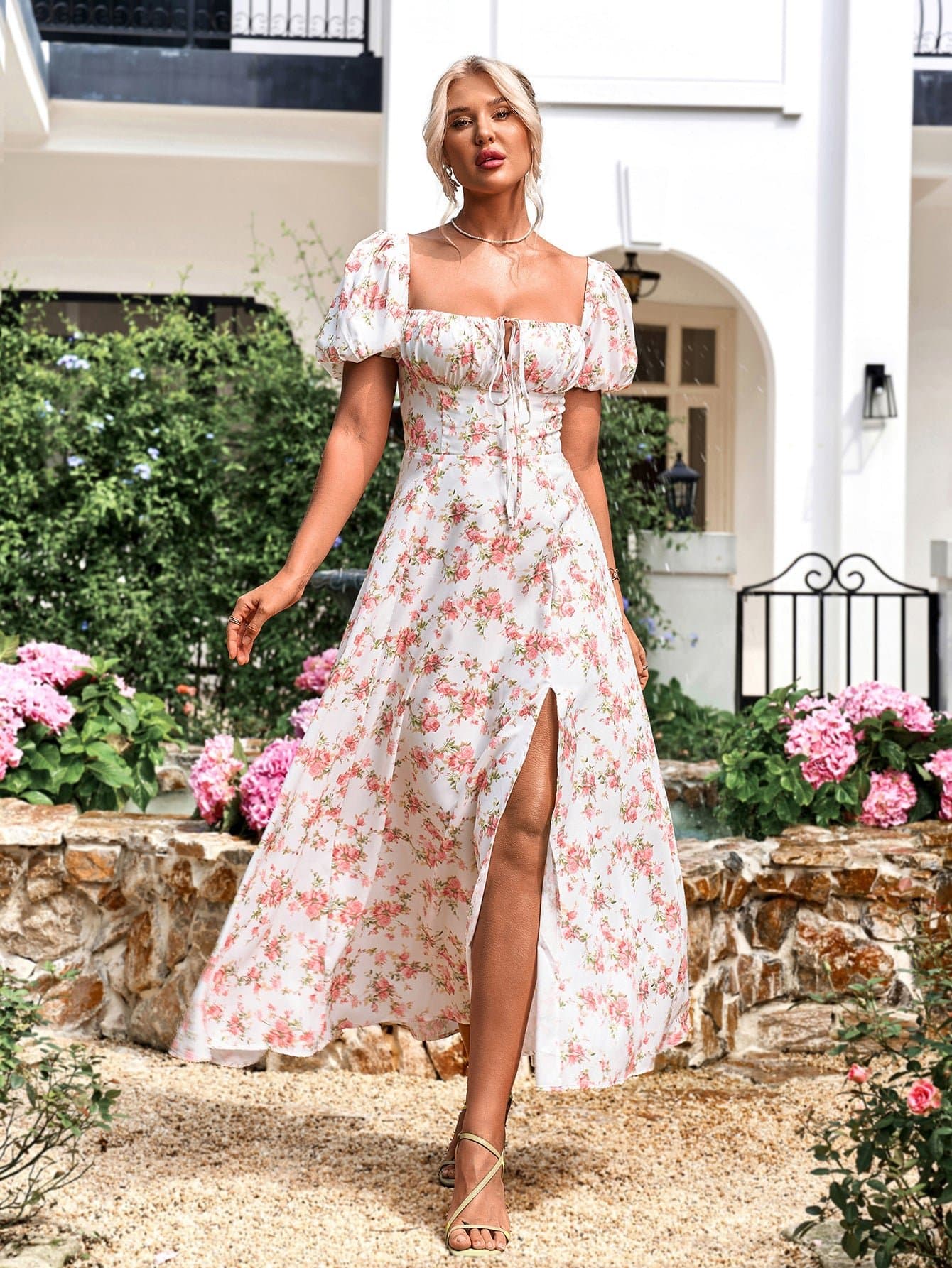 Puff Sleeve High Split Floral Print Dress
