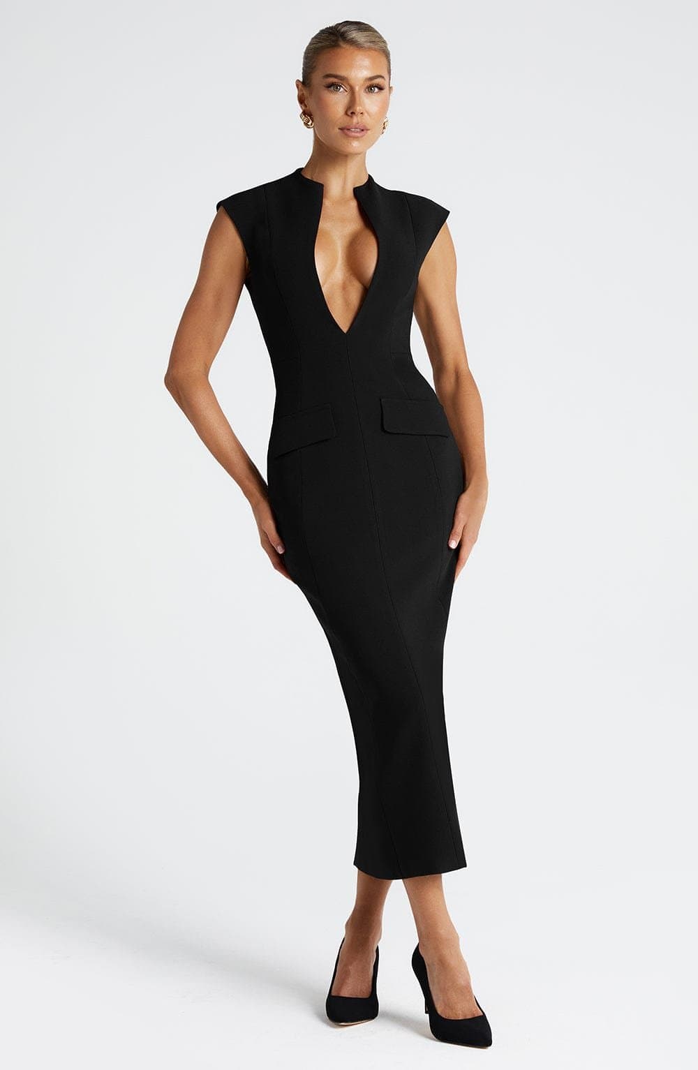 Nellie Midi Dress - Black Non-Stretch Crepe Pencil Skirt Plunging Neckline