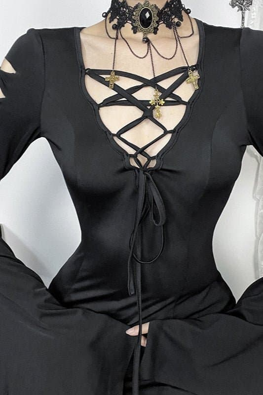 Witch Style Gothic Maxi Dress - High Waist V-Neck Batwing Sleeve Polyester Spandex