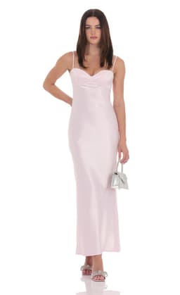 Satin Back Tie Maxi Dress in Pink