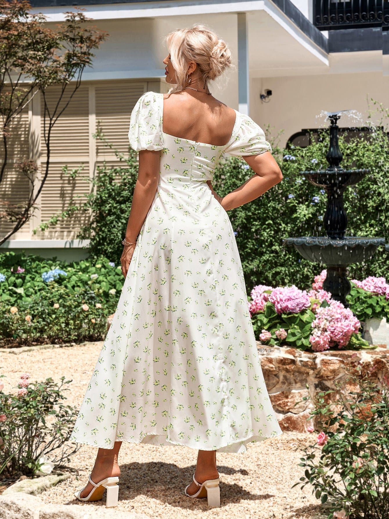 Puff Sleeve High Split Floral Print Dress