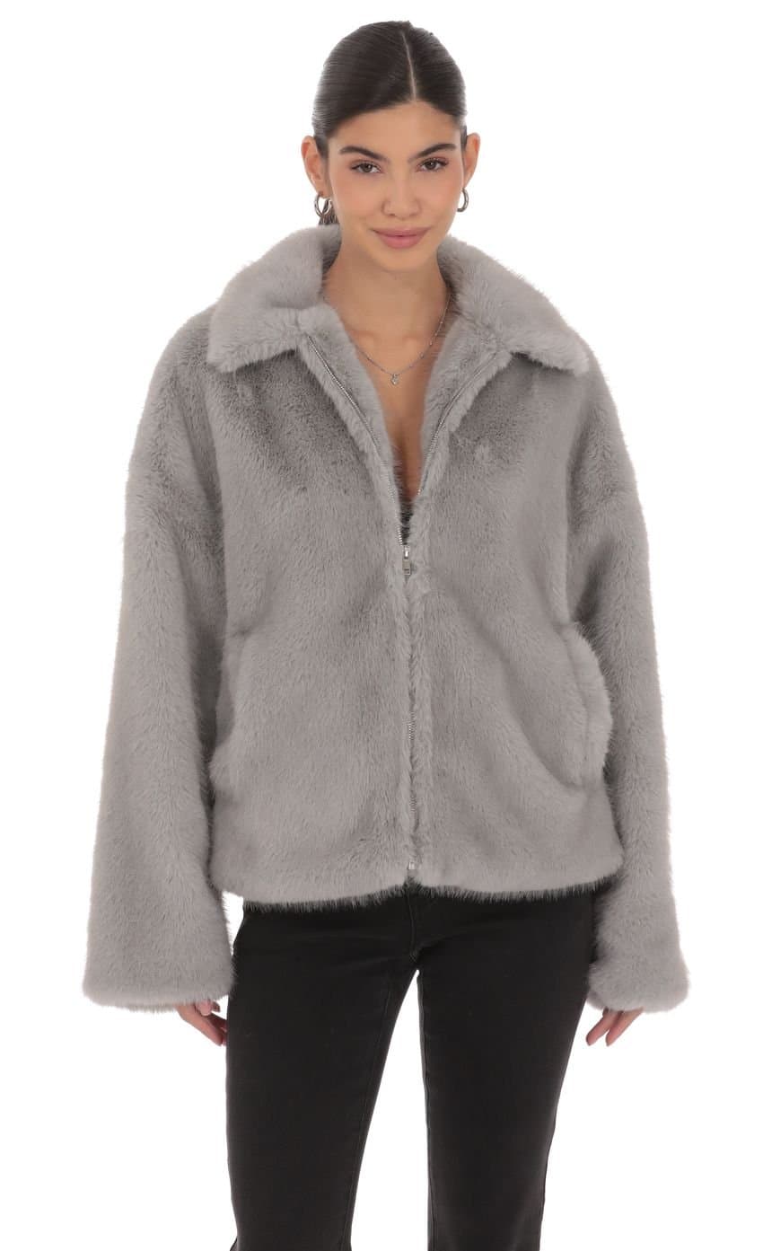 Zip-Up Faux Fur Jacket in Grey