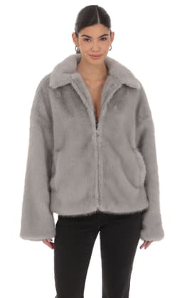 Zip-Up Faux Fur Jacket in Grey