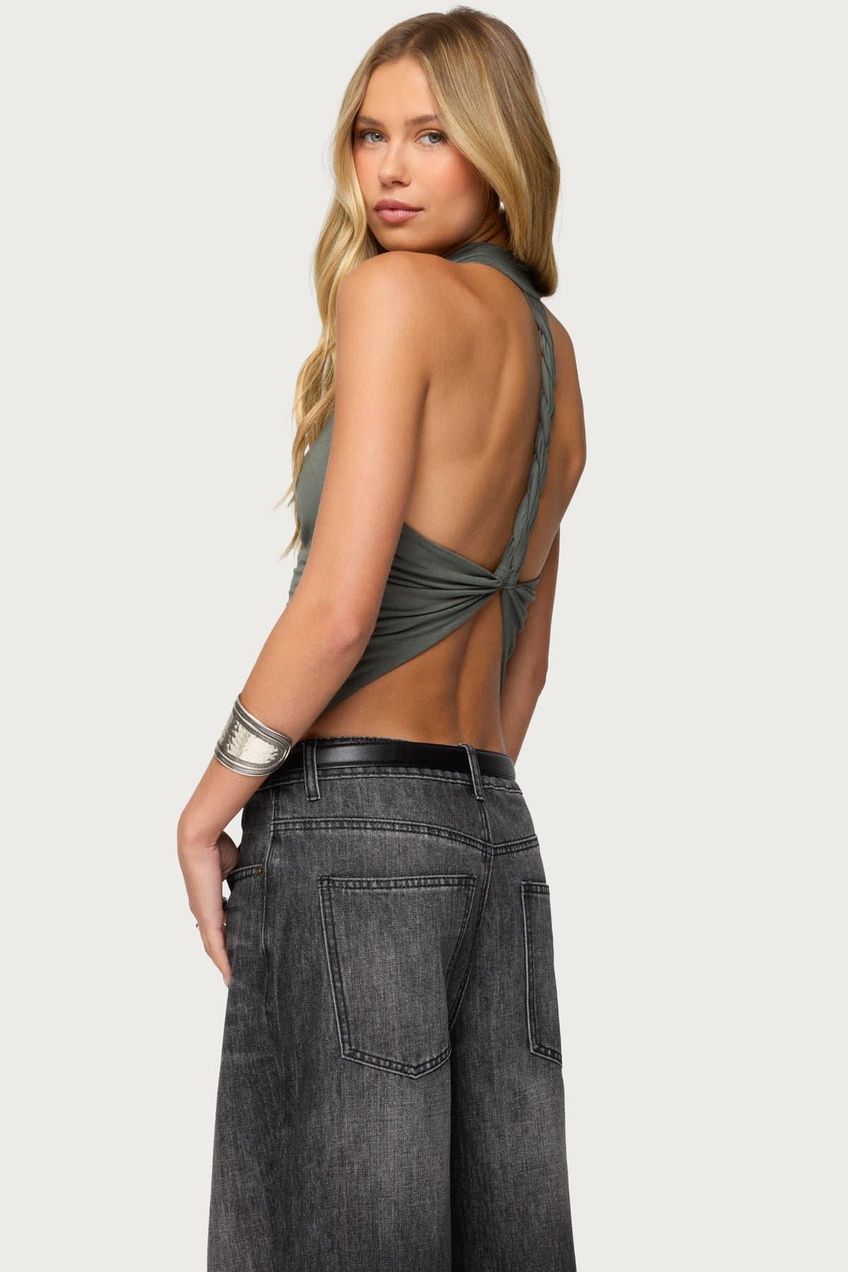 Collie Twisted High Cowl Neck Top - Rayon Spandex Ruched Open Back