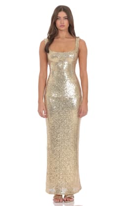 Sequin Square Neck Fitted Maxi Dress in Gold