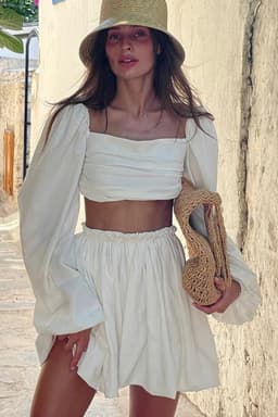 Tie Bandeau Pleated High Waist Mini Skirt Set with Puff Long Sleeves Cotton