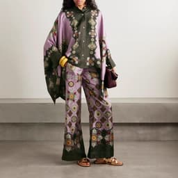 Baroque Print Satin Two Piece Set – Oversized Cape Sleeve Shirt & Wide Leg Pants S-XL