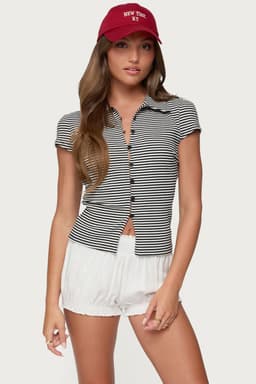 Beau Striped Ribbed Button Up Top - Cotton Spandex Women's Blouse