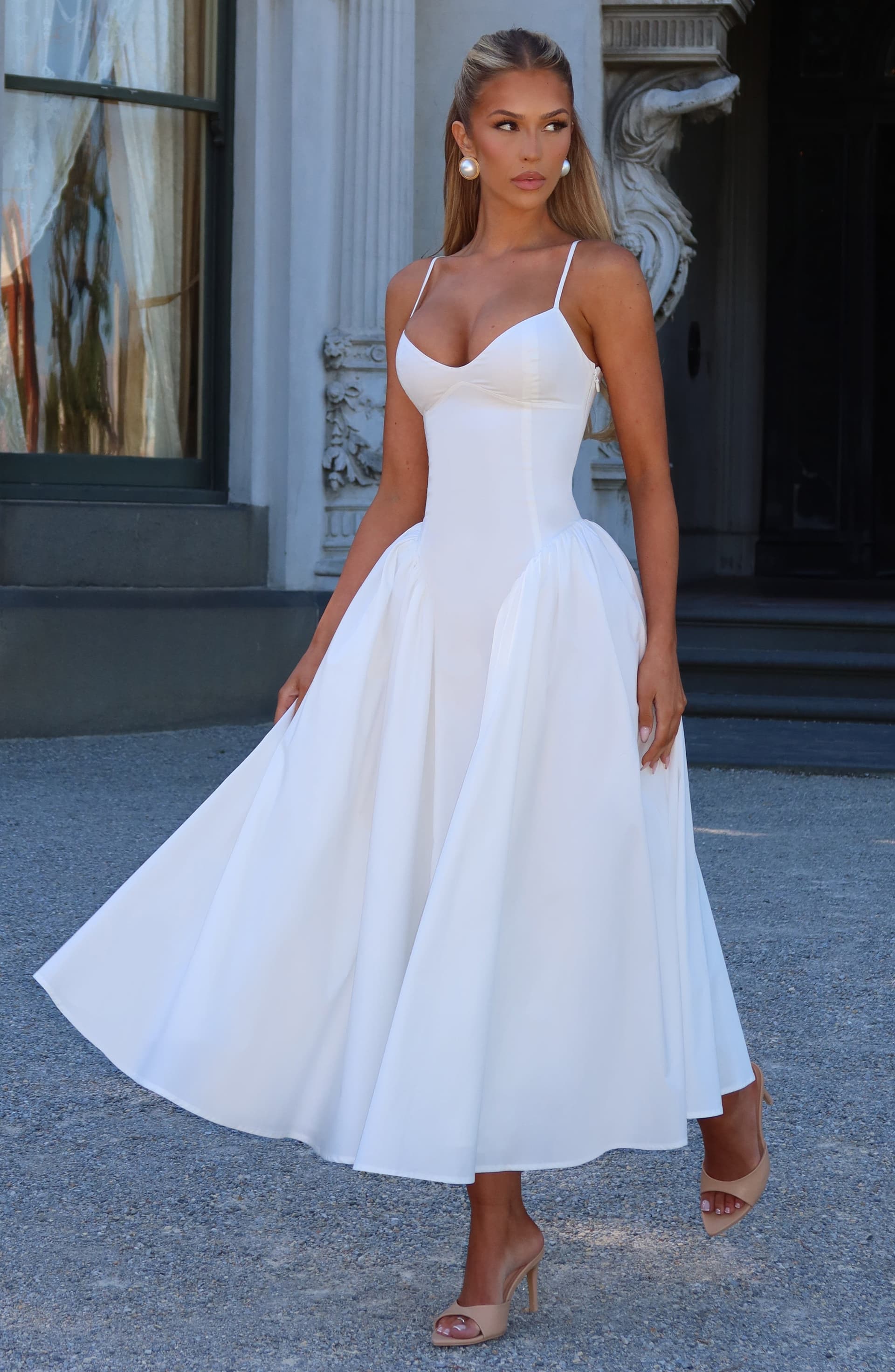 Emerson Midi Dress in Ivory - Sweetheart Neckline Lace-Up Back Dropped Waist