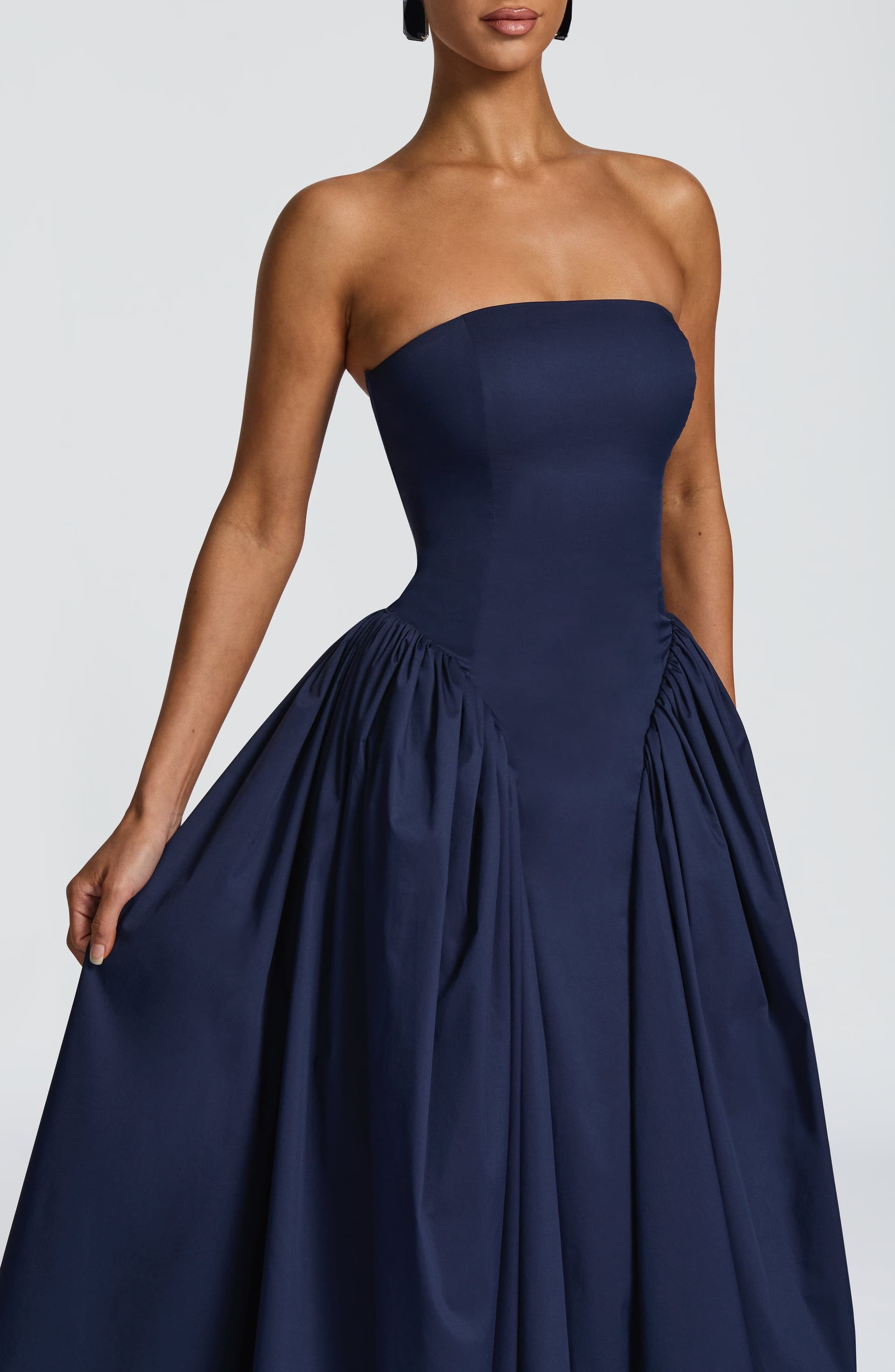 Darla Midi Dress - Navy Strapless Boned Bodice Full Skirt