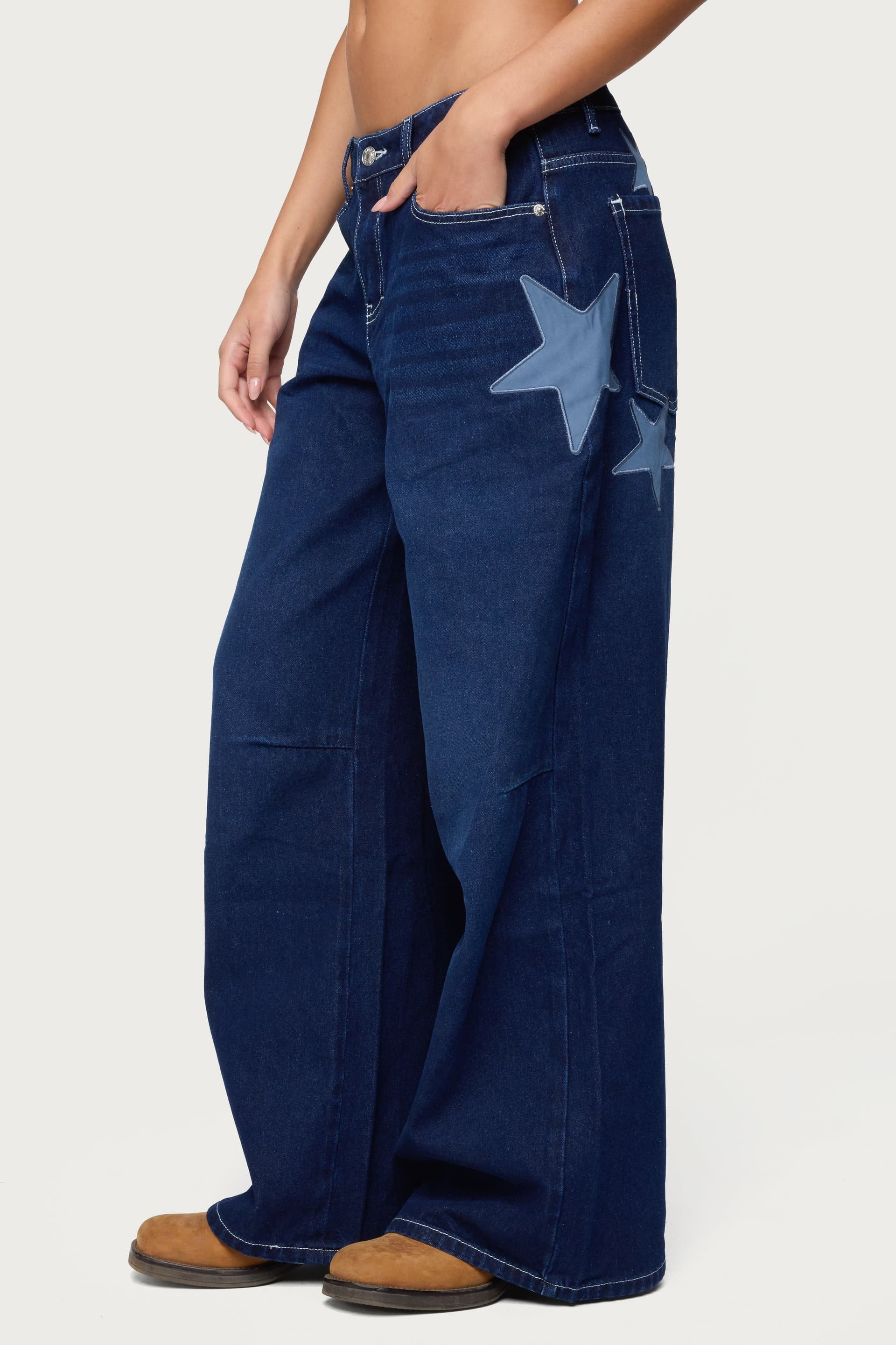 Trish Stars Low Rise Baggy Jeans with Embroidered Star Patches