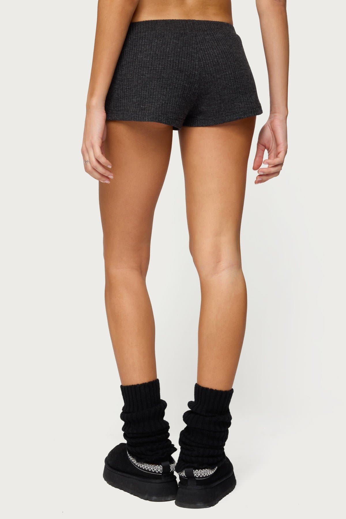 Teddy Waffle Shorts - Adjustable Tie Waist Loungewear in Polyester Rayon Spandex