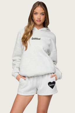Big Love Edikted Hoodie - Elbow Heart Patches, Embroidered Text, Polyester Cotton Rayon