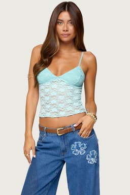 Eira Sheer Lace Tank Top with Mini Bow, Adjustable Straps, Polyester Spandex