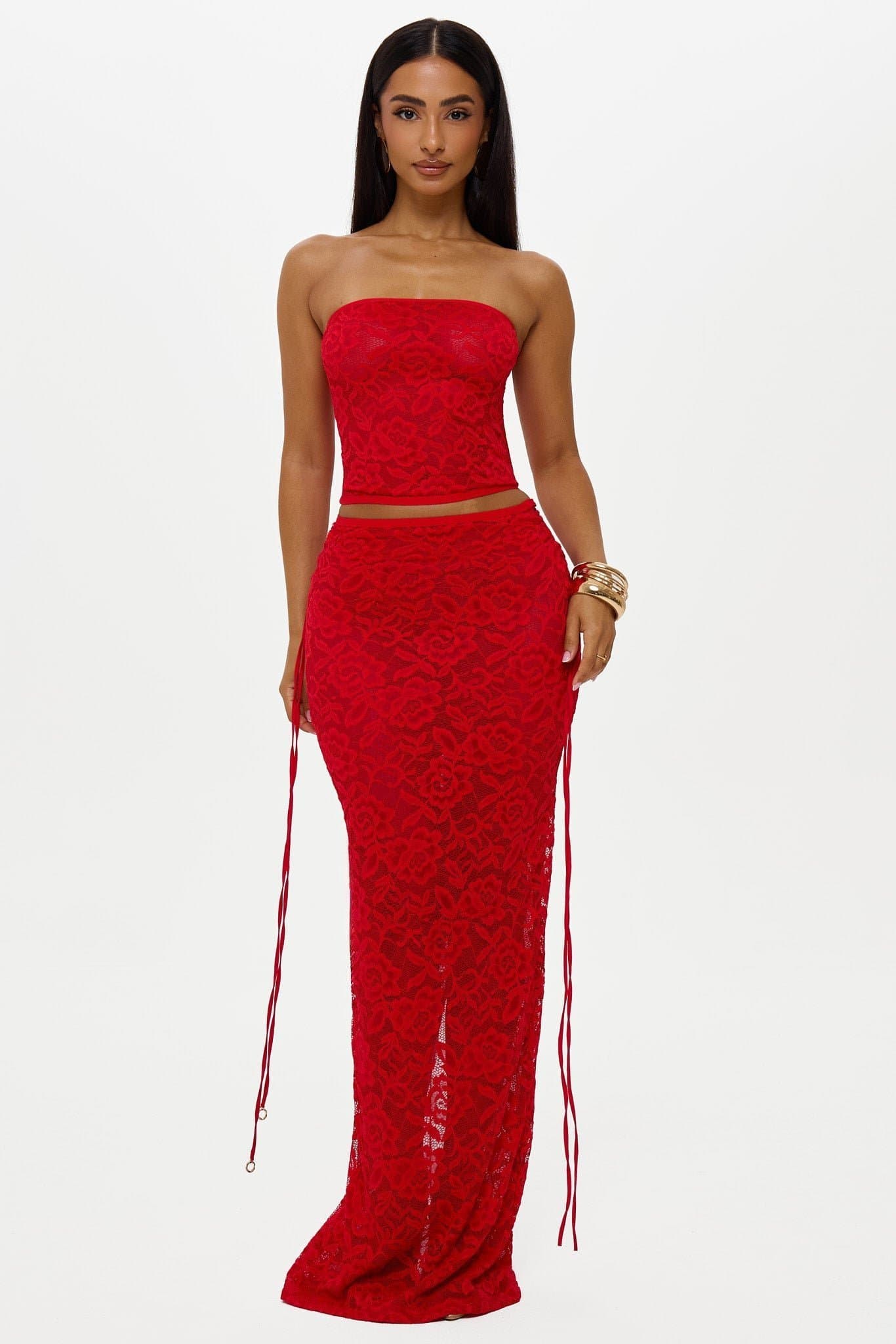 Rosalia Maxi Skirt with Lace-Up Hips and Gold Trims