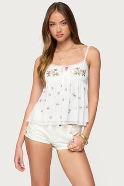 Embroidered Layered Mesh Babydoll Top with Adjustable Straps, Floral Lace Trim