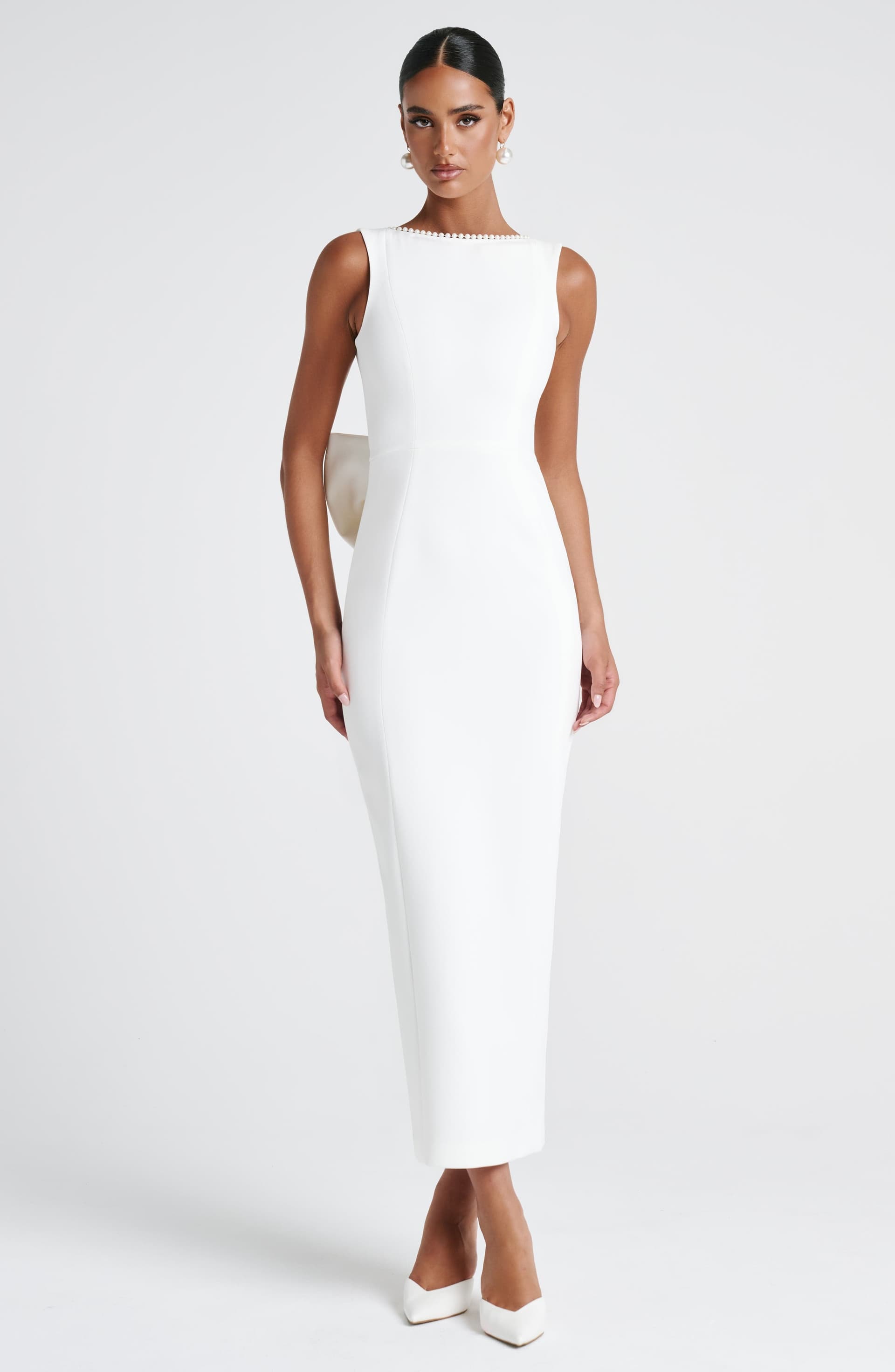 Lana Midaxi Dress in Ivory - Non-Stretch Crepe with Pearl Trim and Detachable Bow