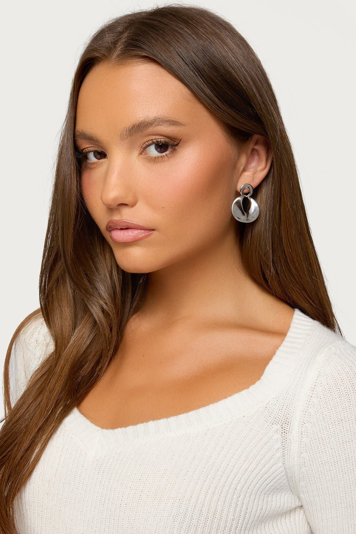 Double Disc Stud Earrings in Silver Tone Metal - 1.4 Inch Length