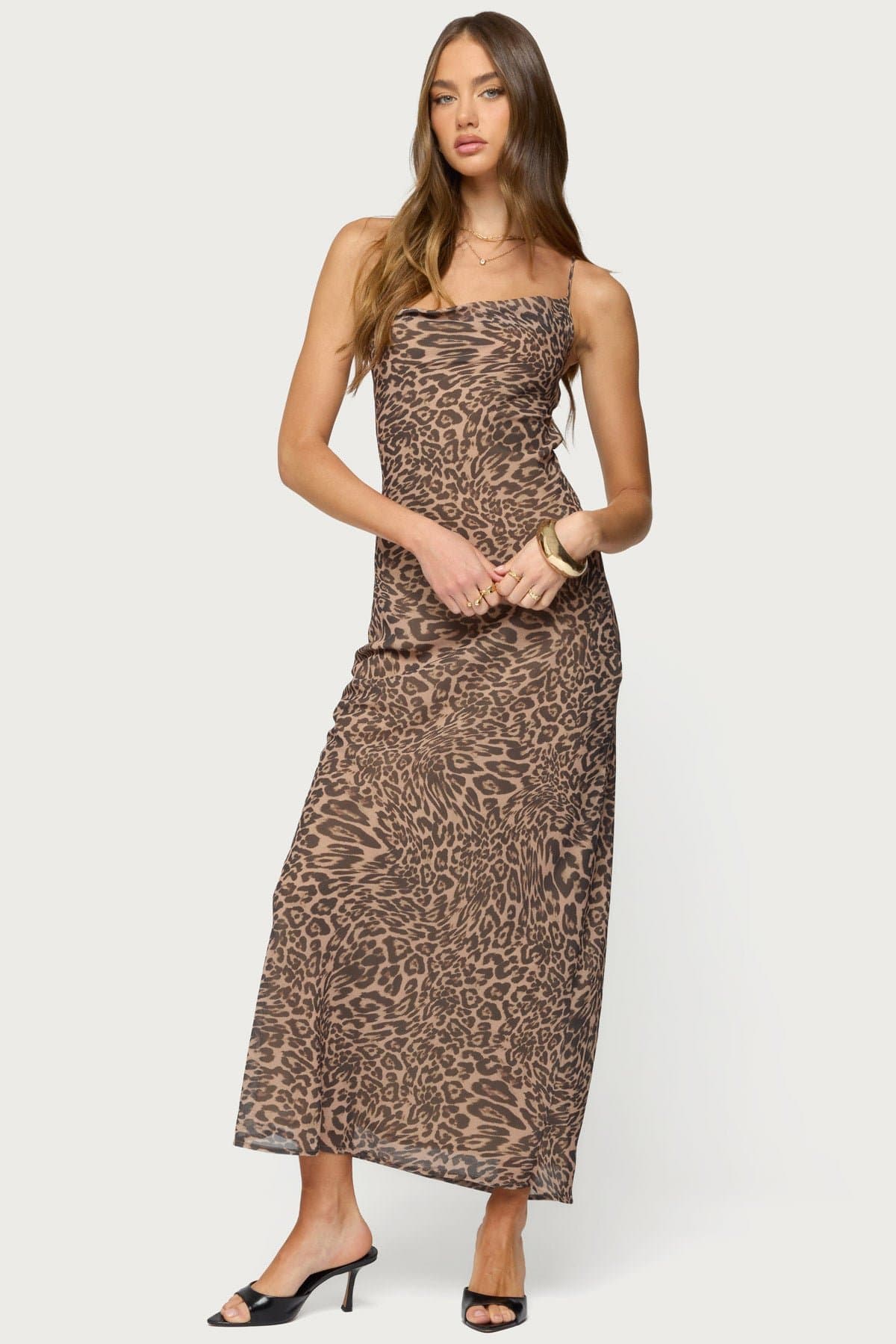 Ayanah Leopard Print Backless Maxi Dress - Cowl Neck Crisscross Tie Polyester