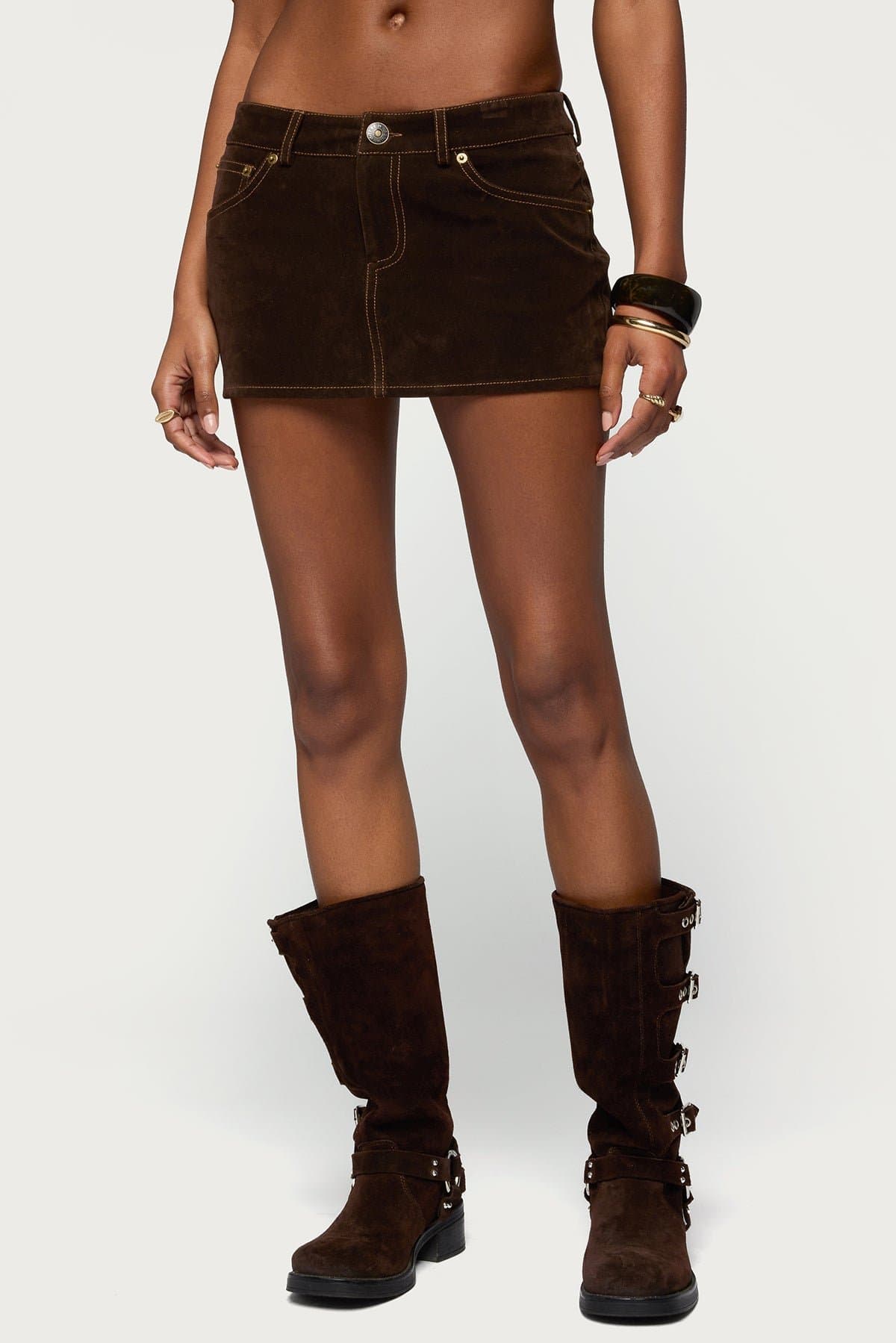 Gracen Faux Suede Mini Skort with Contrast Stitching Polyester Spandex