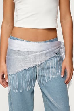 Fringed Waist Scarf with Metallic Detailing - Polyester, 74.8" Length