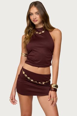 Briar Necklace Halter Top - High Neckline Side Ruching Polyester Spandex